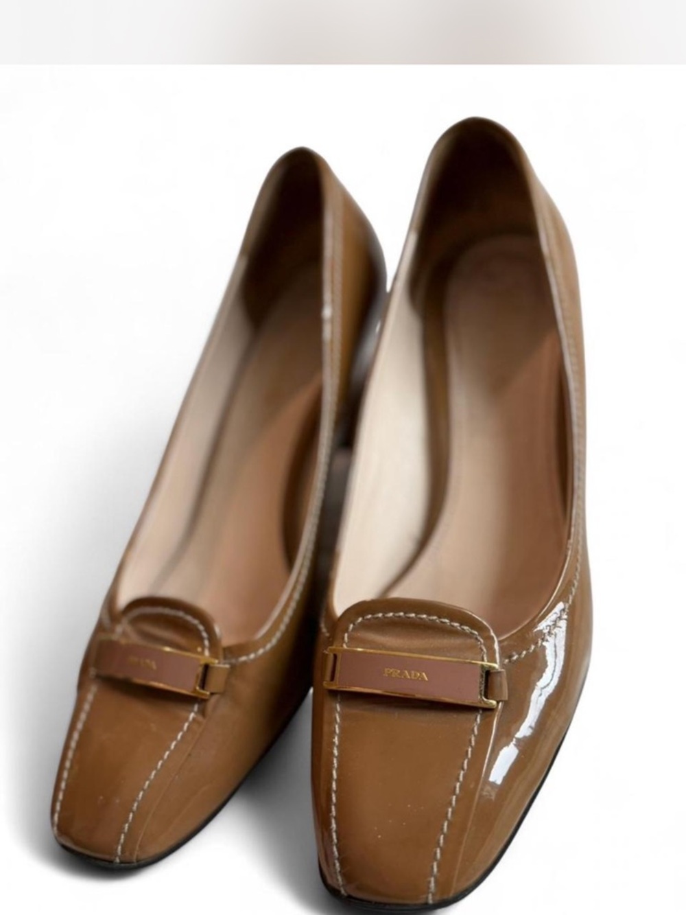 Prada Women's Tan Patent Leather Ballet Flats with Gold Accent